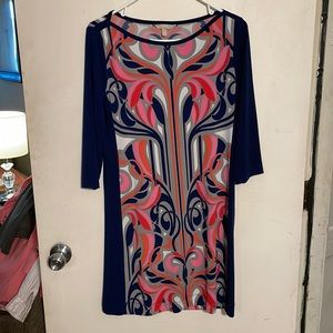 Woman’s banana republic blue orange pink white dress 3/4 length sleeves size med